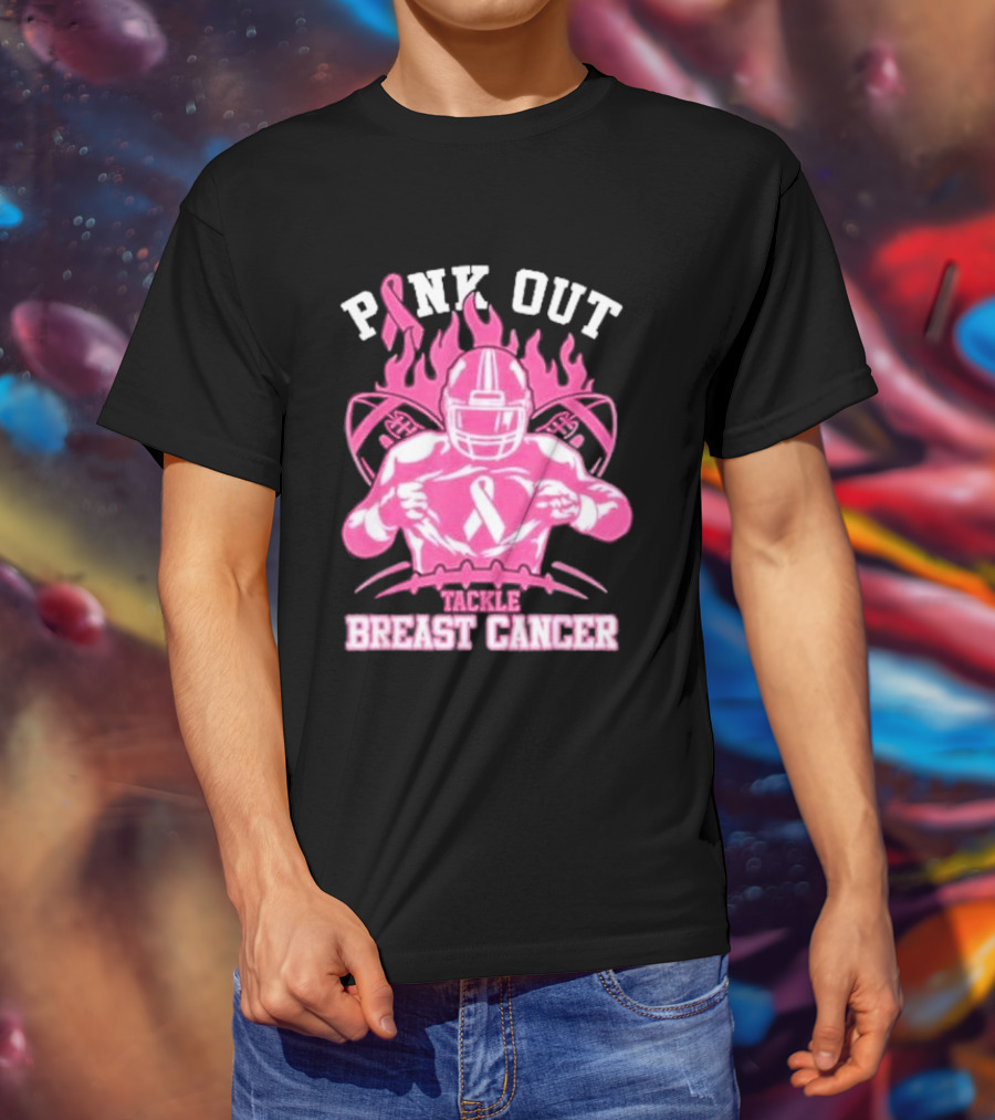 Pink Out Tackle Breast Cancer Awareness Football Player Ribbon Flames T-Shirt