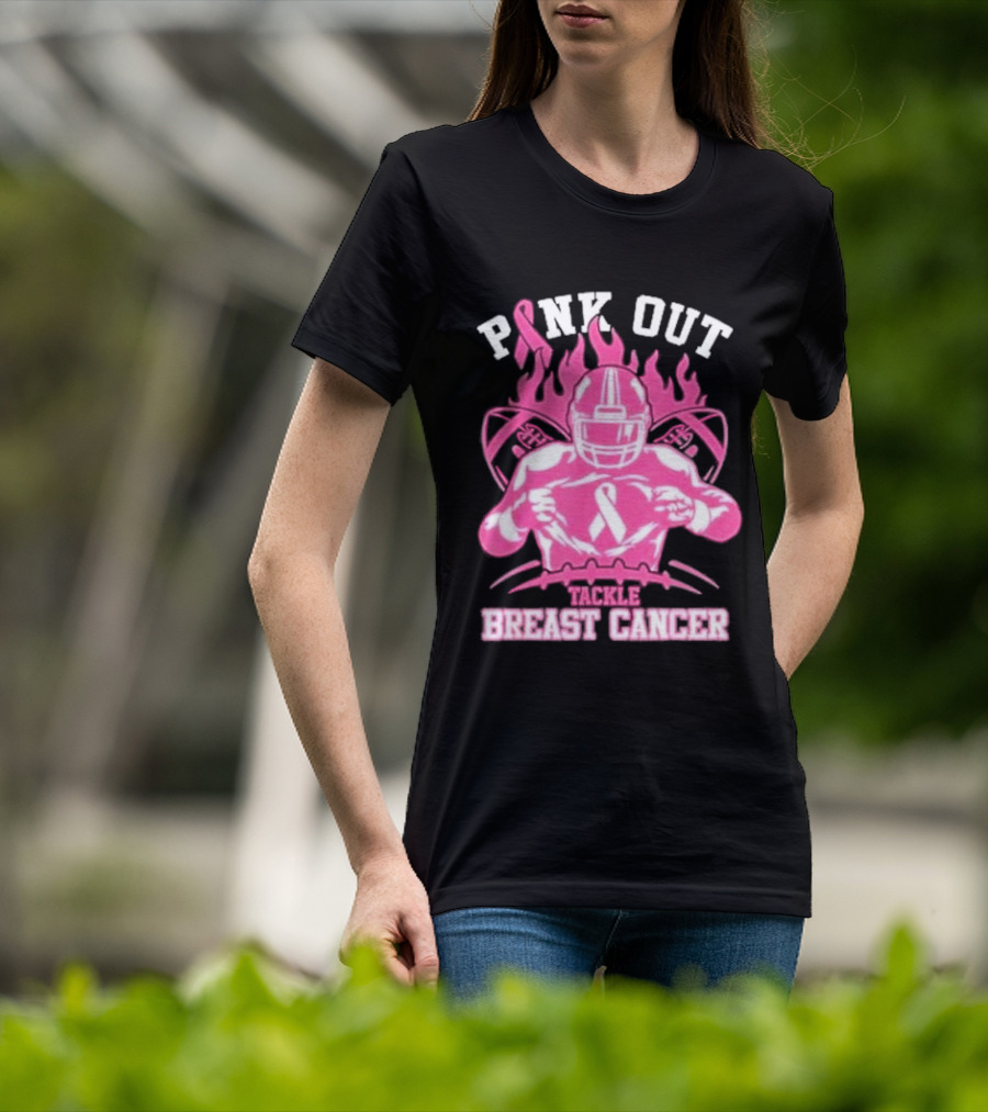 Pink Out Tackle Breast Cancer Awareness Football Player Ribbon Flames T-Shirt