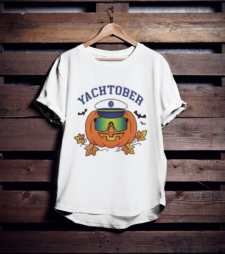 Yachtober Captain Pumpkin With Sunglasses And Bats T-Shirt