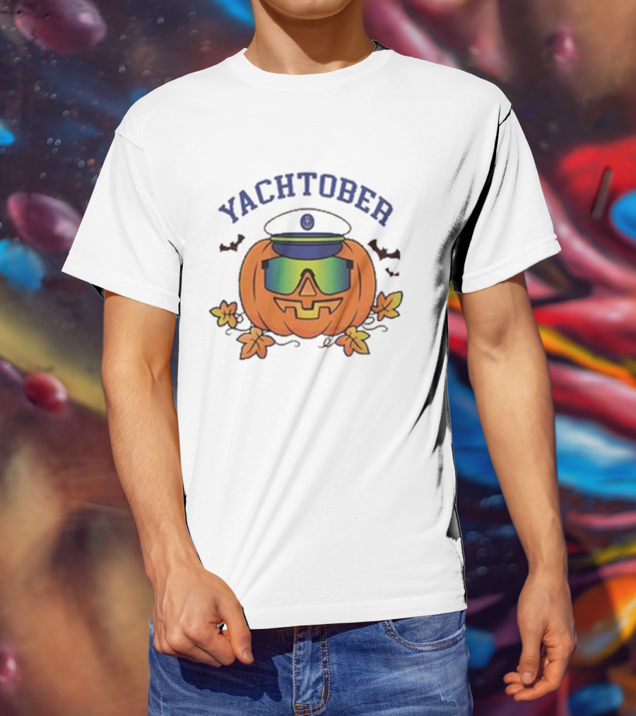 Yachtober Captain Pumpkin With Sunglasses And Bats T-Shirt