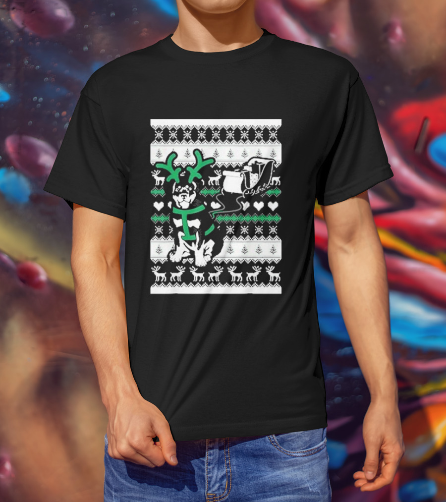 Christmas German Shepherd Wearing Antlers Pulling Santa Claus Sleigh Ugly T-Shirt