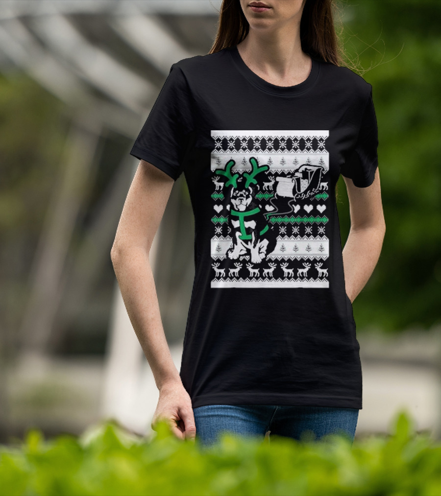 Christmas German Shepherd Wearing Antlers Pulling Santa Claus Sleigh Ugly T-Shirt