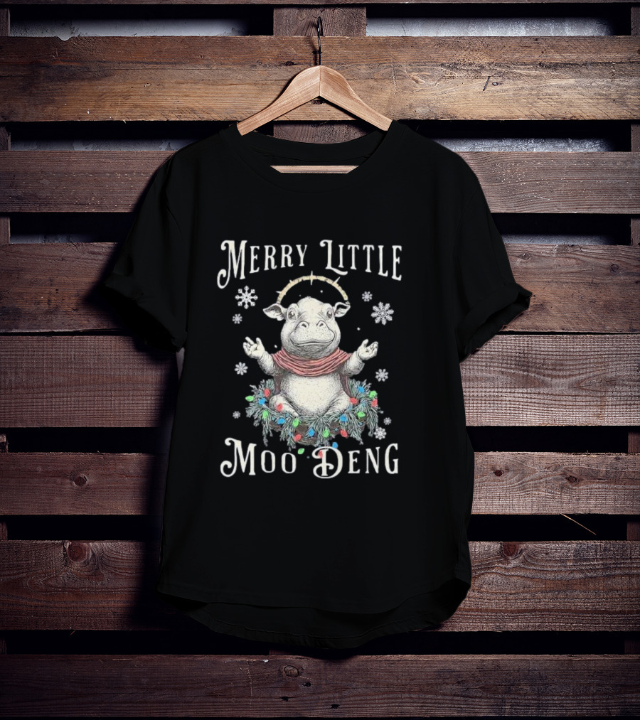 Merry Little Moo Deng Cute Christmas Hippo Surrounded By Snowflakes And Festive Wreath T-Shirt