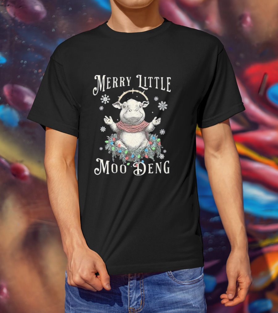 Merry Little Moo Deng Cute Christmas Hippo Surrounded By Snowflakes And Festive Wreath T-Shirt