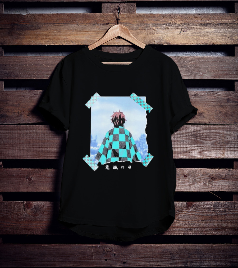 Demon Slayer Kimetsu No Yaiba Tanjiro Checkered Cloak Japanese Text UT Collection T-Shirt