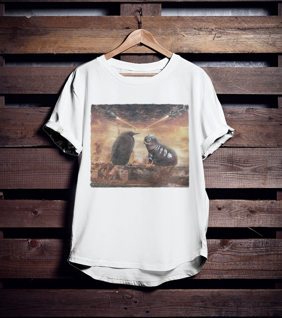Baby Pesto Penguin Standoff With Moo Deng Amidst Battling Spaceships T-Shirt