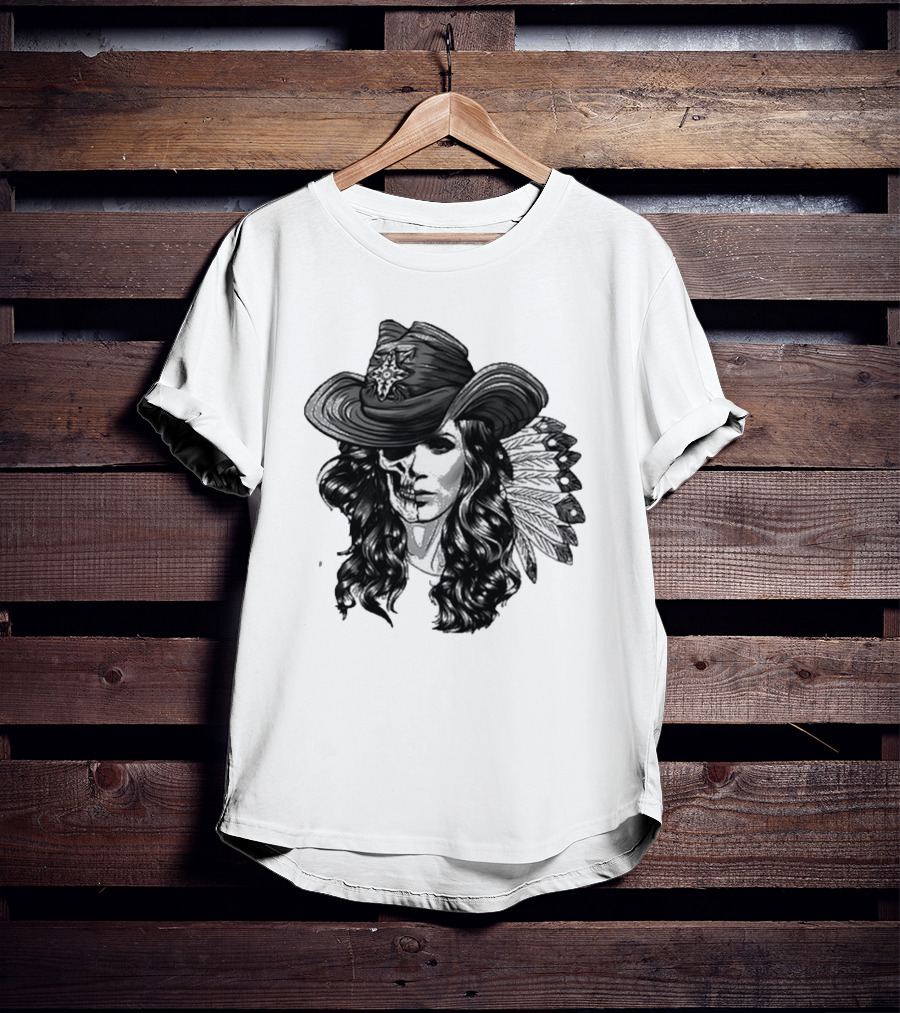 Mickie James Ghost Rider Cowgirl Skull Feather Hat T-Shirt
