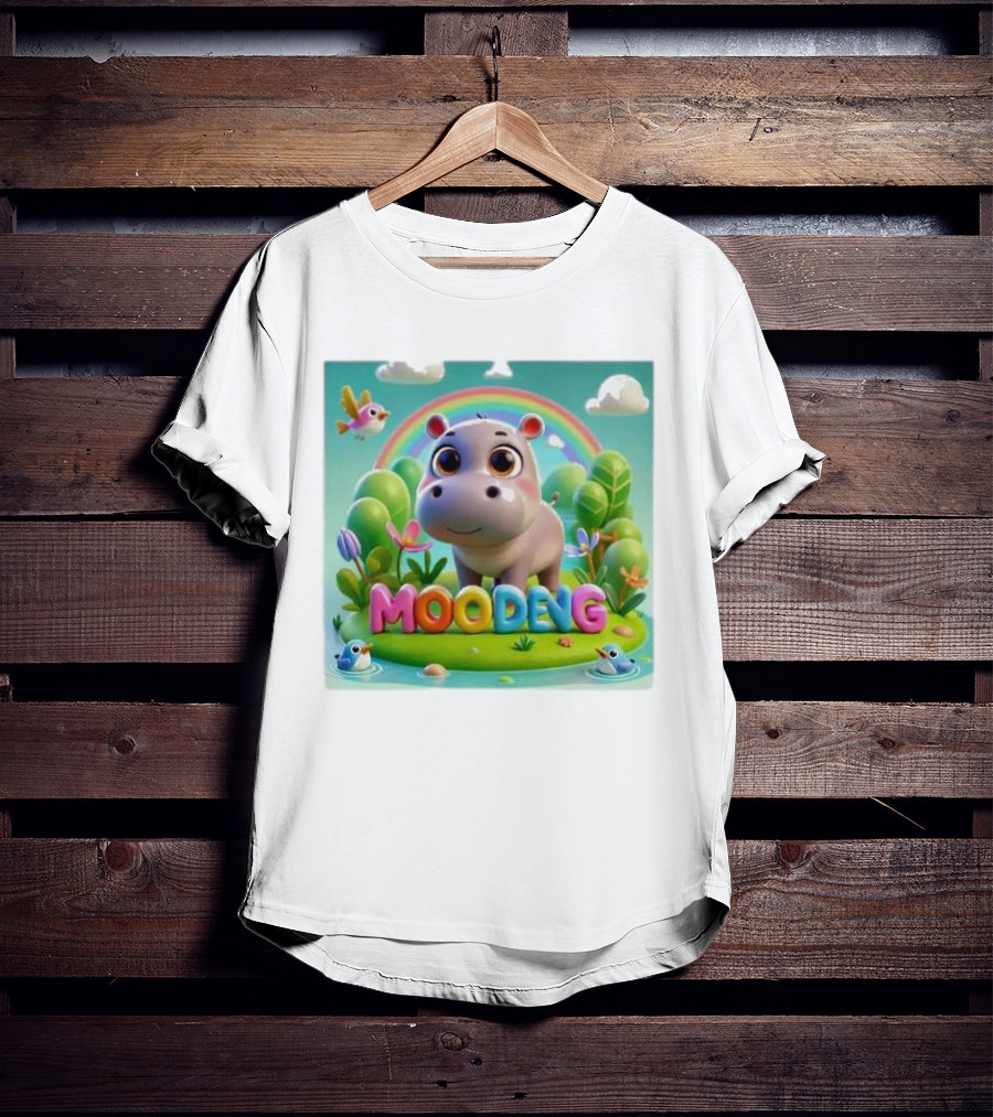 Moo-Deng The Famous Baby Pygmy Hippo Moo Deng Rainbow Meadow Scene T-Shirt