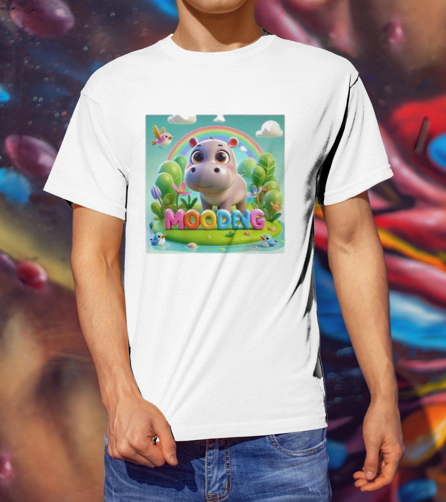 Moo-Deng The Famous Baby Pygmy Hippo Moo Deng Rainbow Meadow Scene T-Shirt