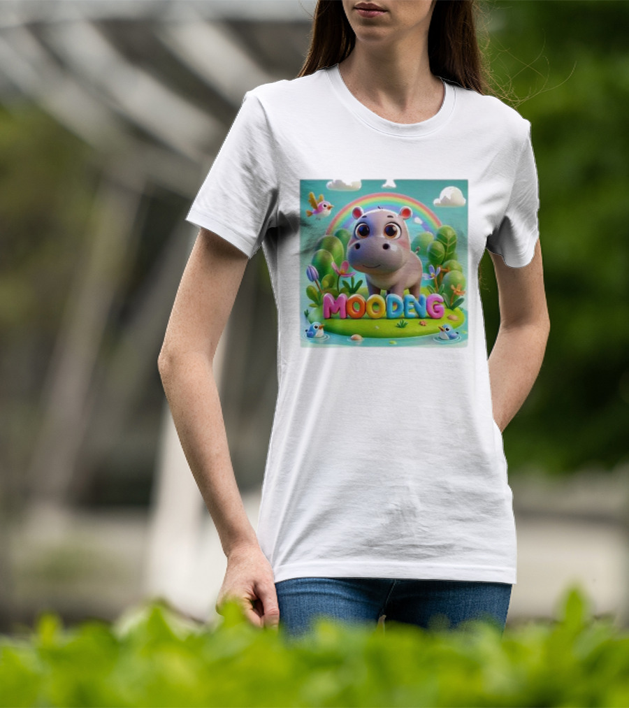 Moo-Deng The Famous Baby Pygmy Hippo Moo Deng Rainbow Meadow Scene T-Shirt