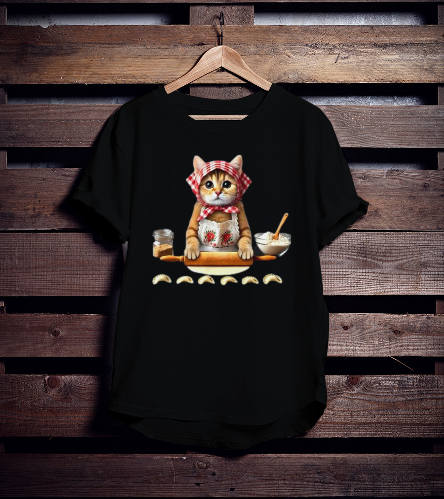 Cat Making Pierogi With Rolling Pin And Ingredients Polish T-Shirt