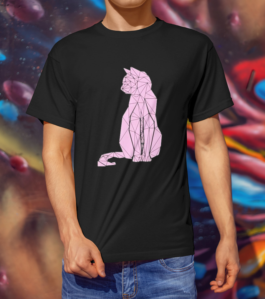 Geometric Cat Feline Pet Lover Minimalist Pink Line T-Shirt