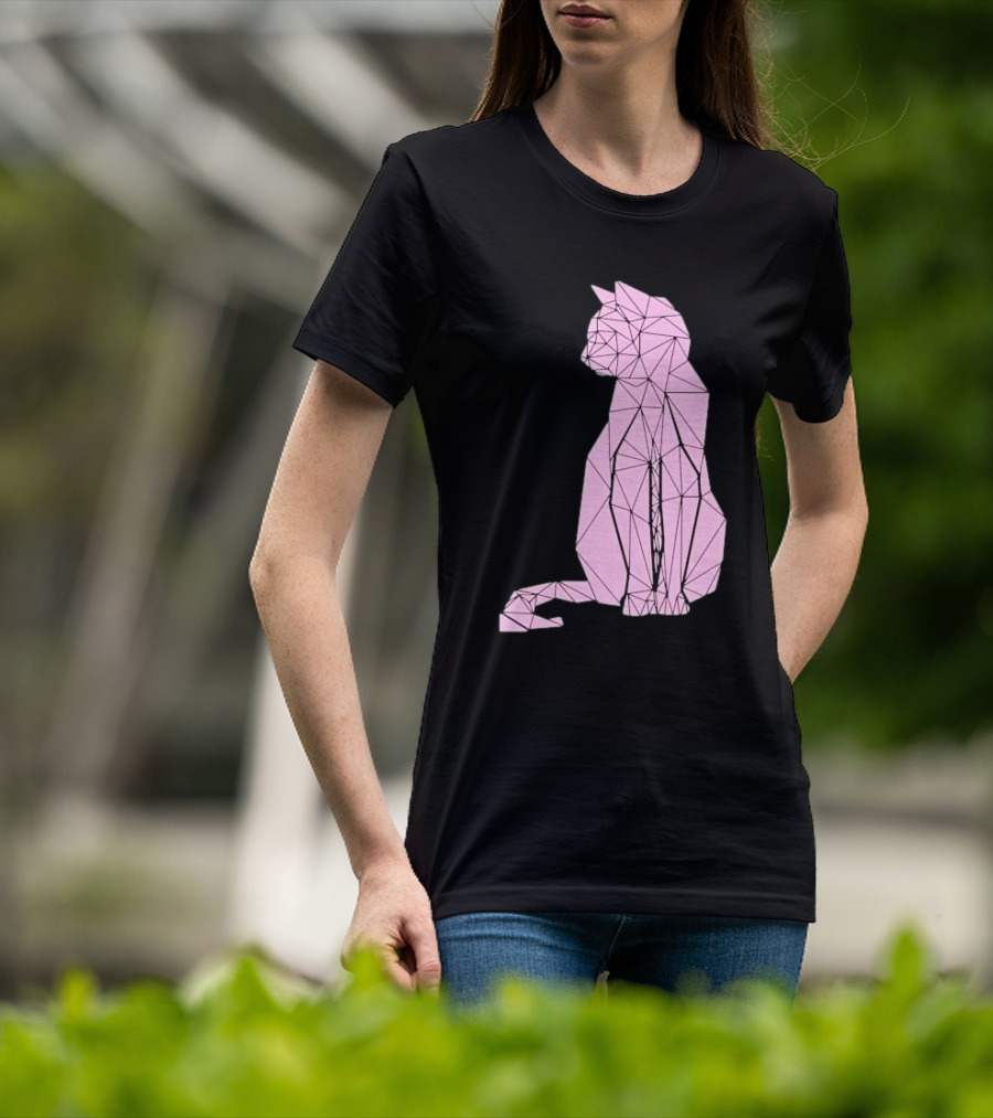 Geometric Cat Feline Pet Lover Minimalist Pink Line T-Shirt