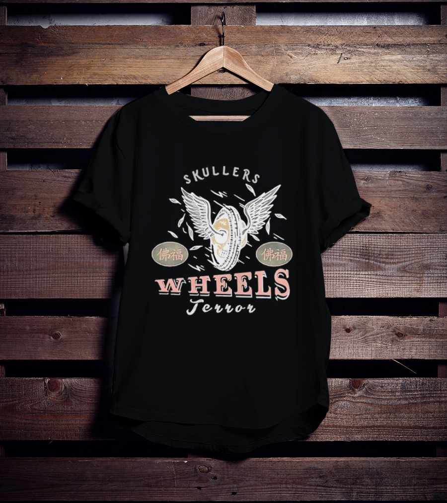 Skullers Wheels Terror With Winged Wheel And 佛福 Symbols T-Shirt