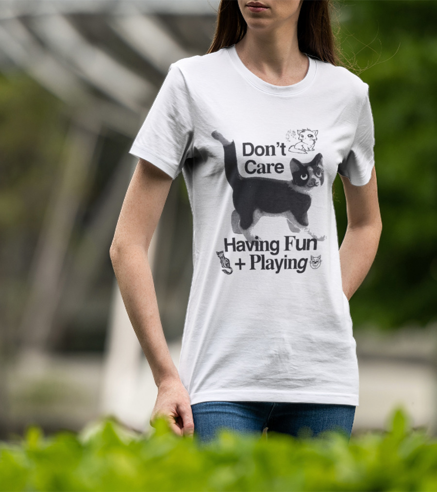 Don’t Care Having Fun Playing Cute Black Cat Sketch Art T-Shirt