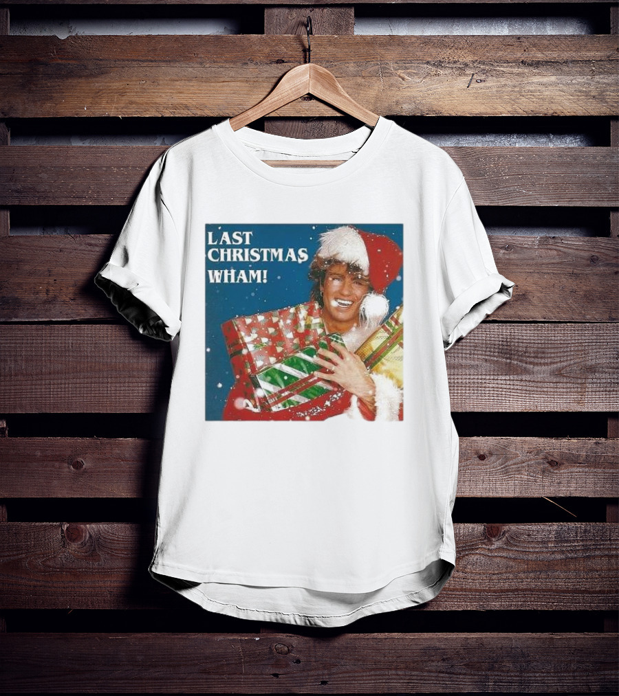Last Christmas Wham George Michael Santa Hat Holding Gift T-Shirt