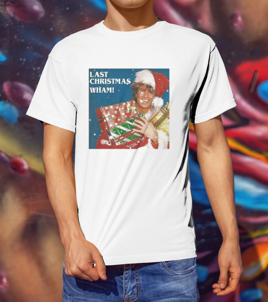 Last Christmas Wham George Michael Santa Hat Holding Gift T-Shirt