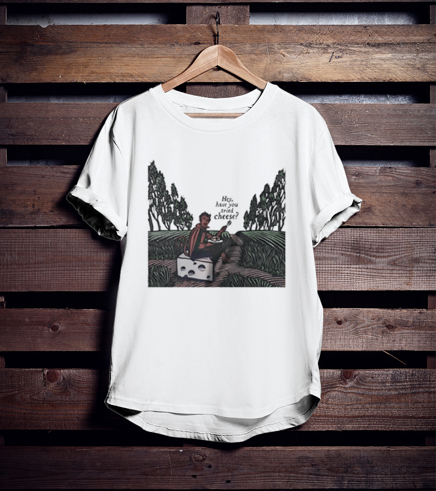Devil Hey Have You Tried Cheese Sitting On Large Cheese Block In Countryside Scene T-Shirt