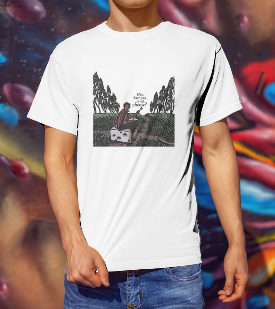Devil Hey Have You Tried Cheese Sitting On Large Cheese Block In Countryside Scene T-Shirt