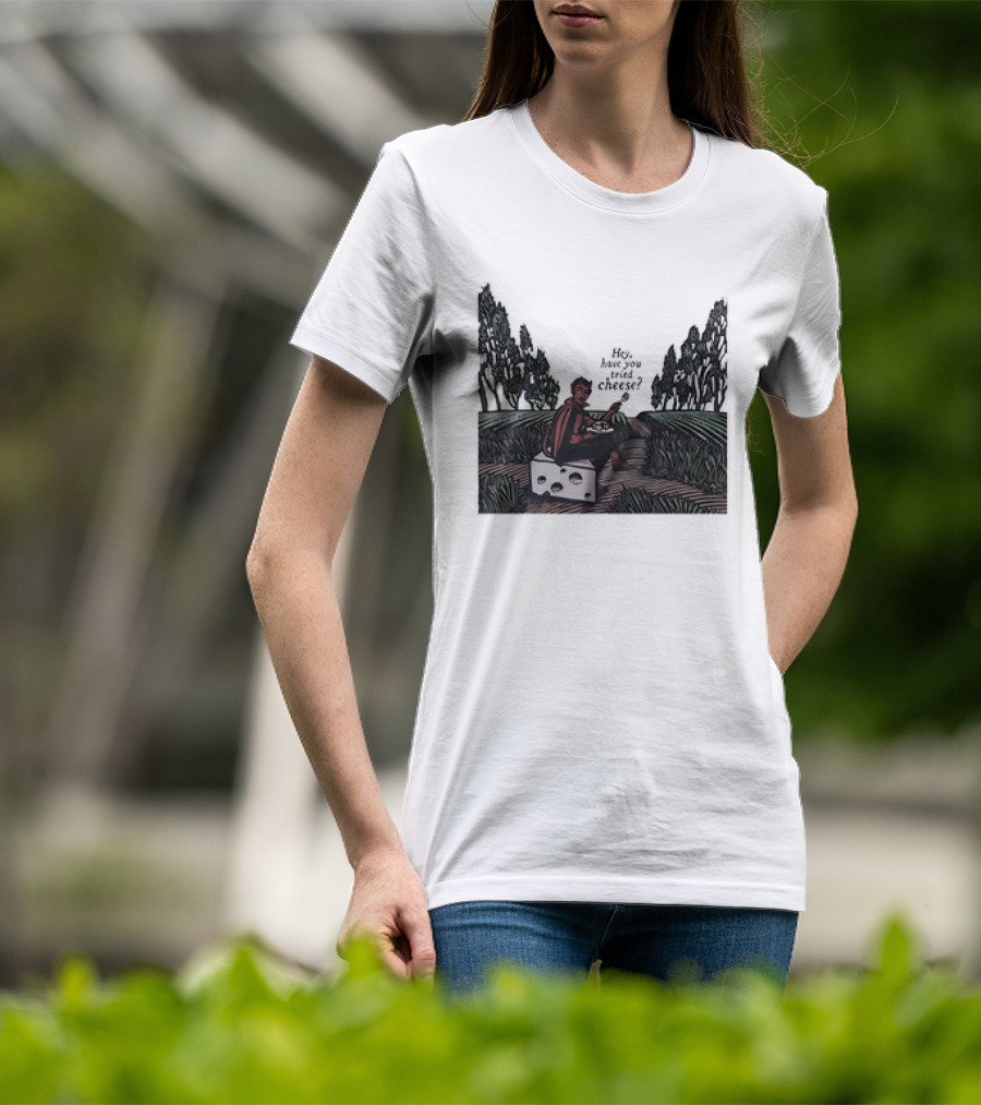 Devil Hey Have You Tried Cheese Sitting On Large Cheese Block In Countryside Scene T-Shirt