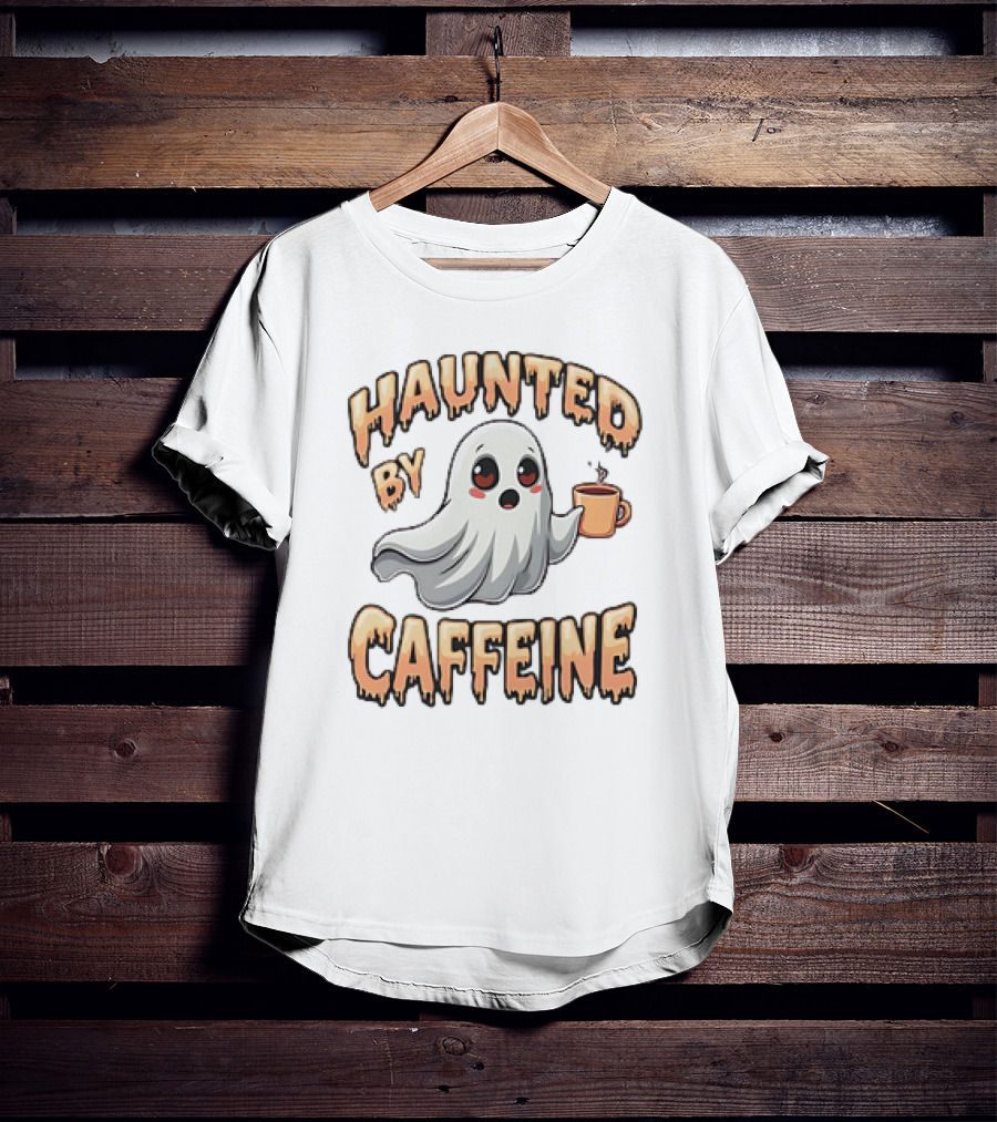 Haunted By Caffeine Ghost Holding Coffee Cup T-Shirt