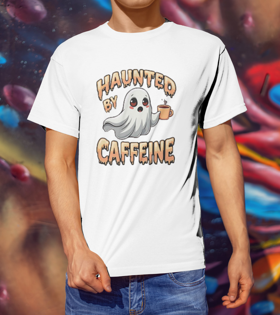 Haunted By Caffeine Ghost Holding Coffee Cup T-Shirt