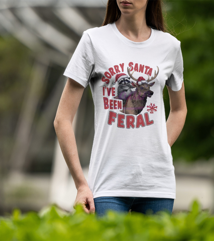 Sorry Santa I've Been Feral Raccoon Christmas Reindeer Santa Hat T-Shirt