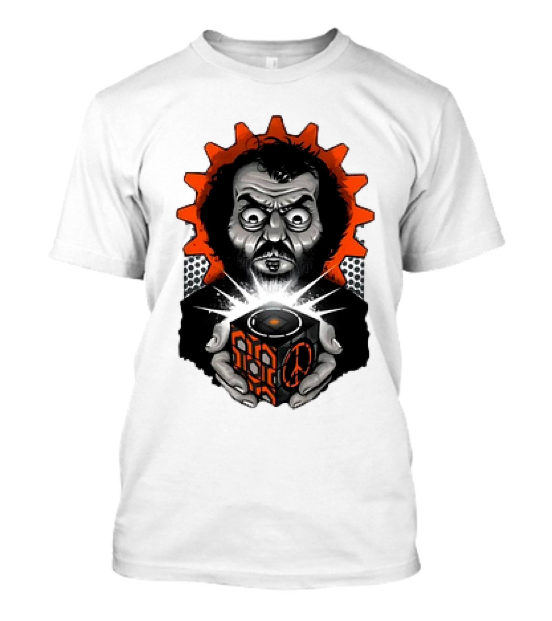 Stanley Kubrick Holding Glowing Cube With Orange Cogs And Geometric T-Shirt