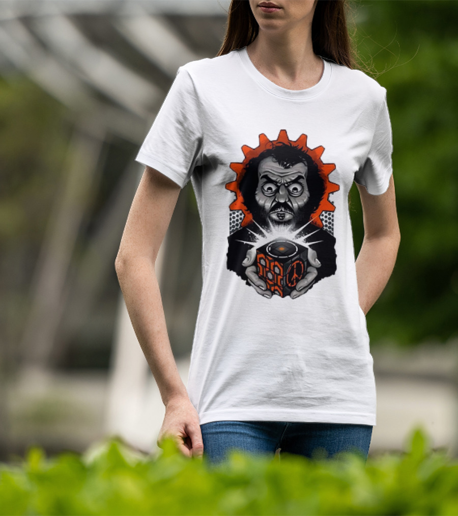 Stanley Kubrick Holding Glowing Cube With Orange Cogs And Geometric T-Shirt