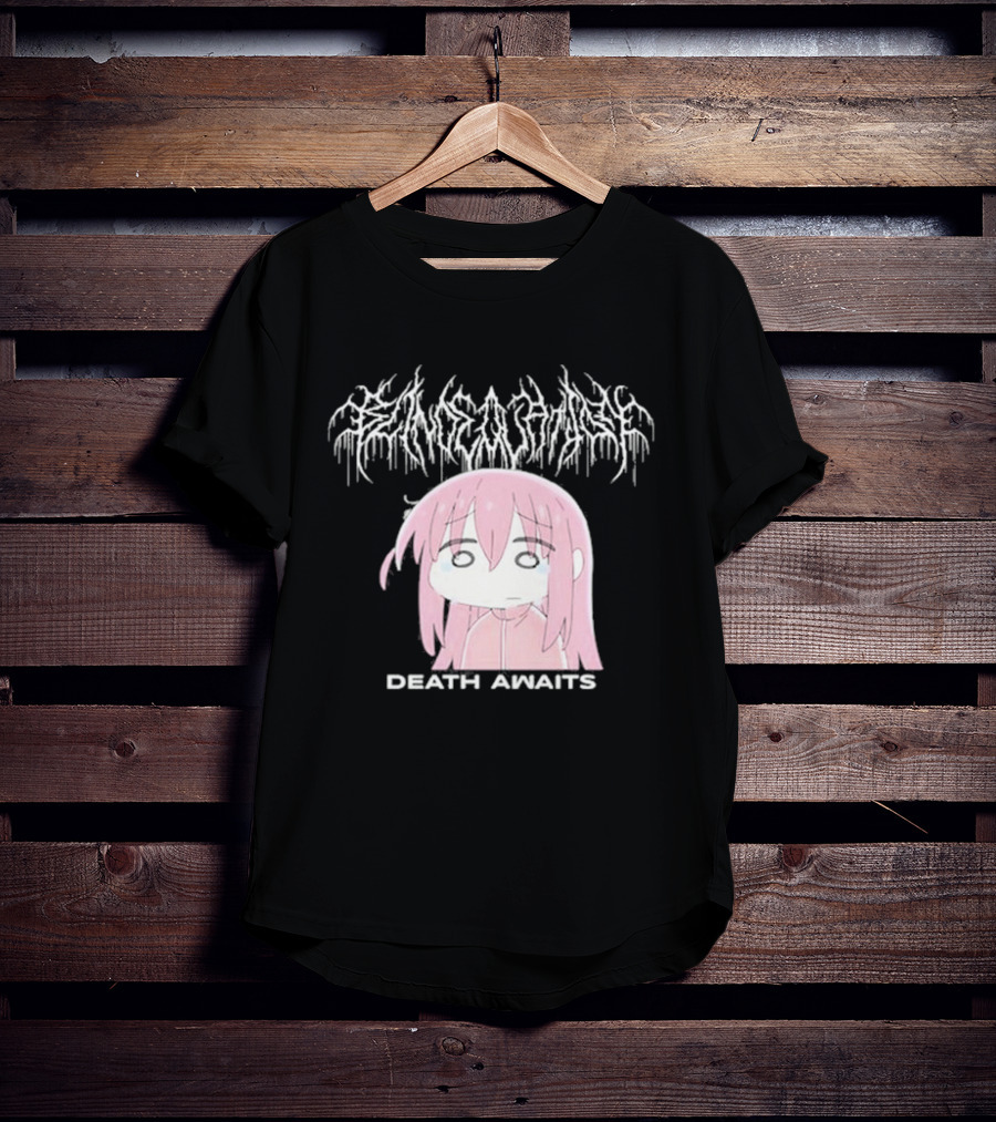 Bocchi The Rock Death Awaits Metal Style Art With Pink-Haired Character T-Shirt