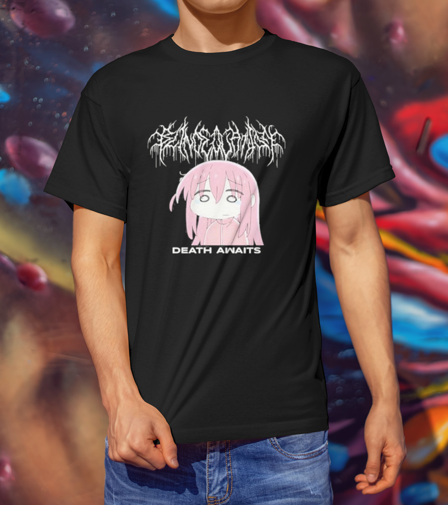 Bocchi The Rock Death Awaits Metal Style Art With Pink-Haired Character T-Shirt