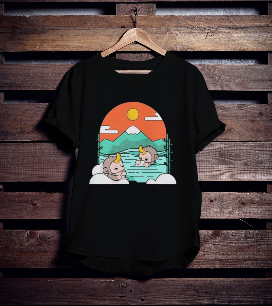 Cdawgva Tranquil Monkeys In Hot Springs With Mountains And Sunset T-Shirt