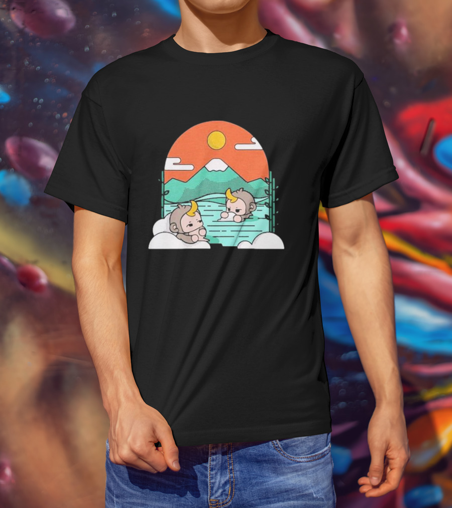 Cdawgva Tranquil Monkeys In Hot Springs With Mountains And Sunset T-Shirt