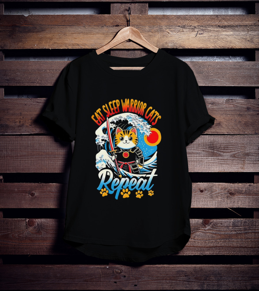 Eat Sleep Warrior Cats Repeat Great Wave Samurai Cat T-Shirt