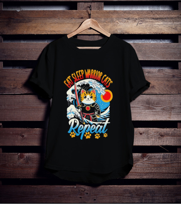 Eat Sleep Warrior Cats Repeat Great Wave Samurai Cat T-Shirt