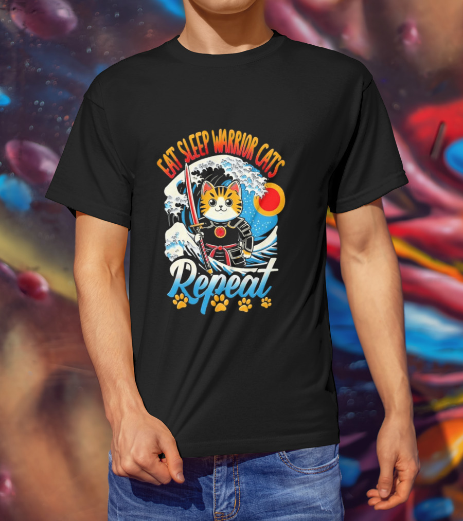 Eat Sleep Warrior Cats Repeat Great Wave Samurai Cat T-Shirt
