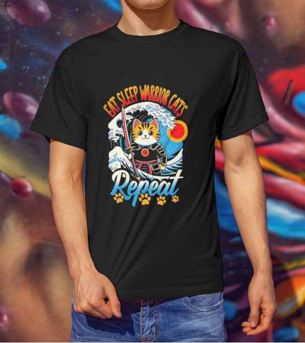Eat Sleep Warrior Cats Repeat Great Wave Samurai Cat T-Shirt