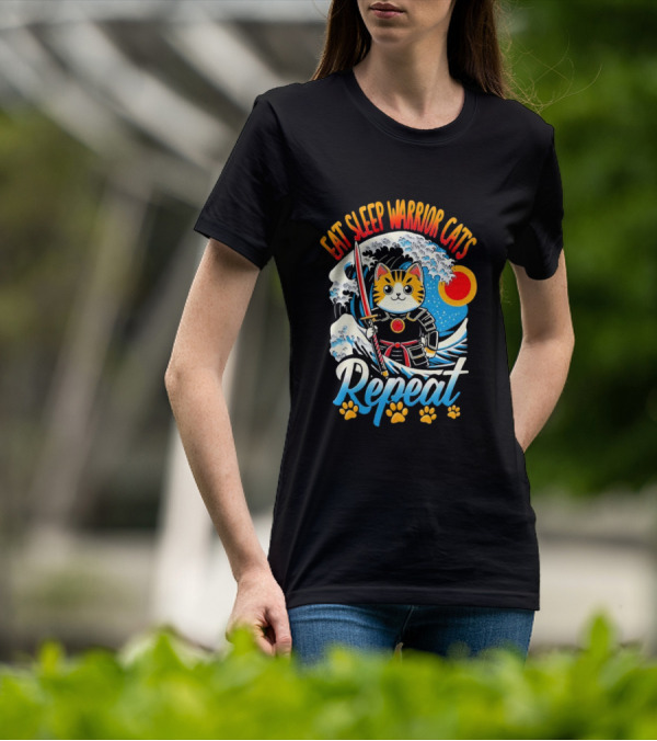 Eat Sleep Warrior Cats Repeat Great Wave Samurai Cat T-Shirt