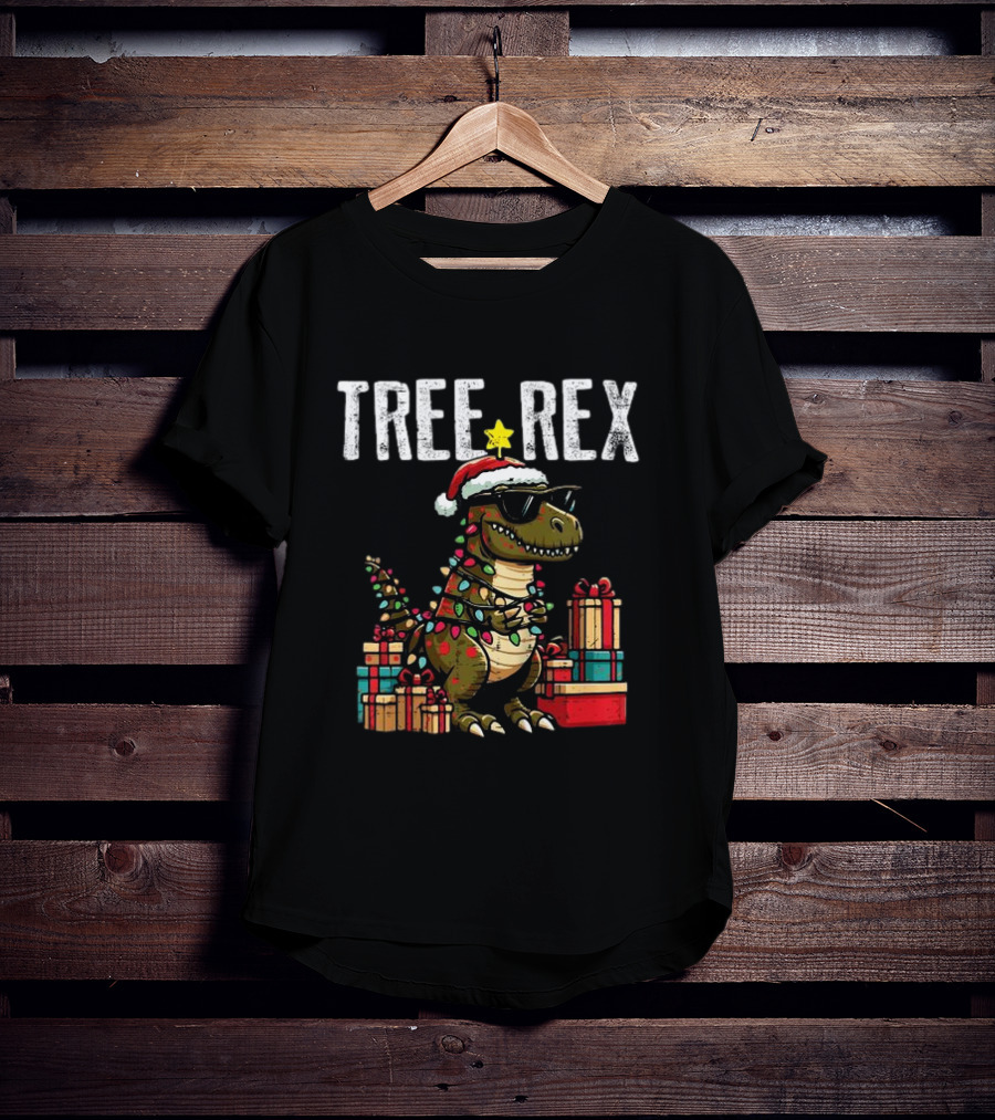 Christmas Dinosaur Tree Rex Xmas Trex Santa Hat And Presents T-Shirt