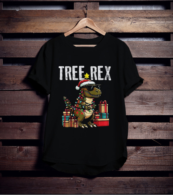 Christmas Dinosaur Tree Rex Xmas Trex Santa Hat And Presents T-Shirt