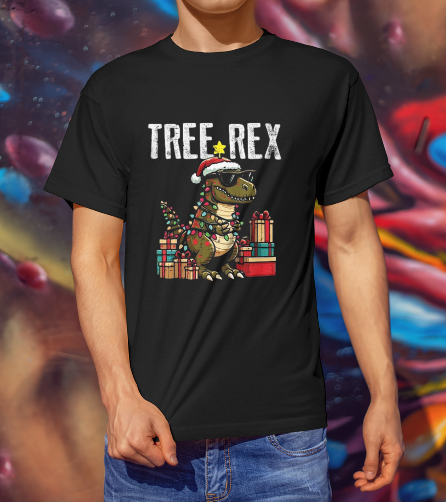 Christmas Dinosaur Tree Rex Xmas Trex Santa Hat And Presents T-Shirt