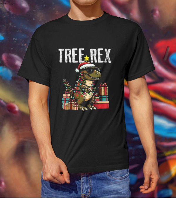 Christmas Dinosaur Tree Rex Xmas Trex Santa Hat And Presents T-Shirt