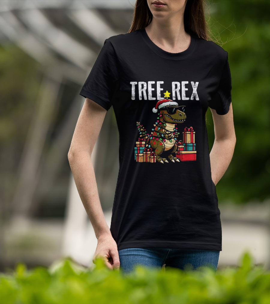 Christmas Dinosaur Tree Rex Xmas Trex Santa Hat And Presents T-Shirt