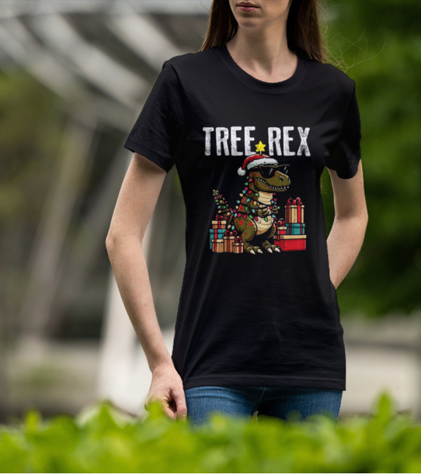Christmas Dinosaur Tree Rex Xmas Trex Santa Hat And Presents T-Shirt