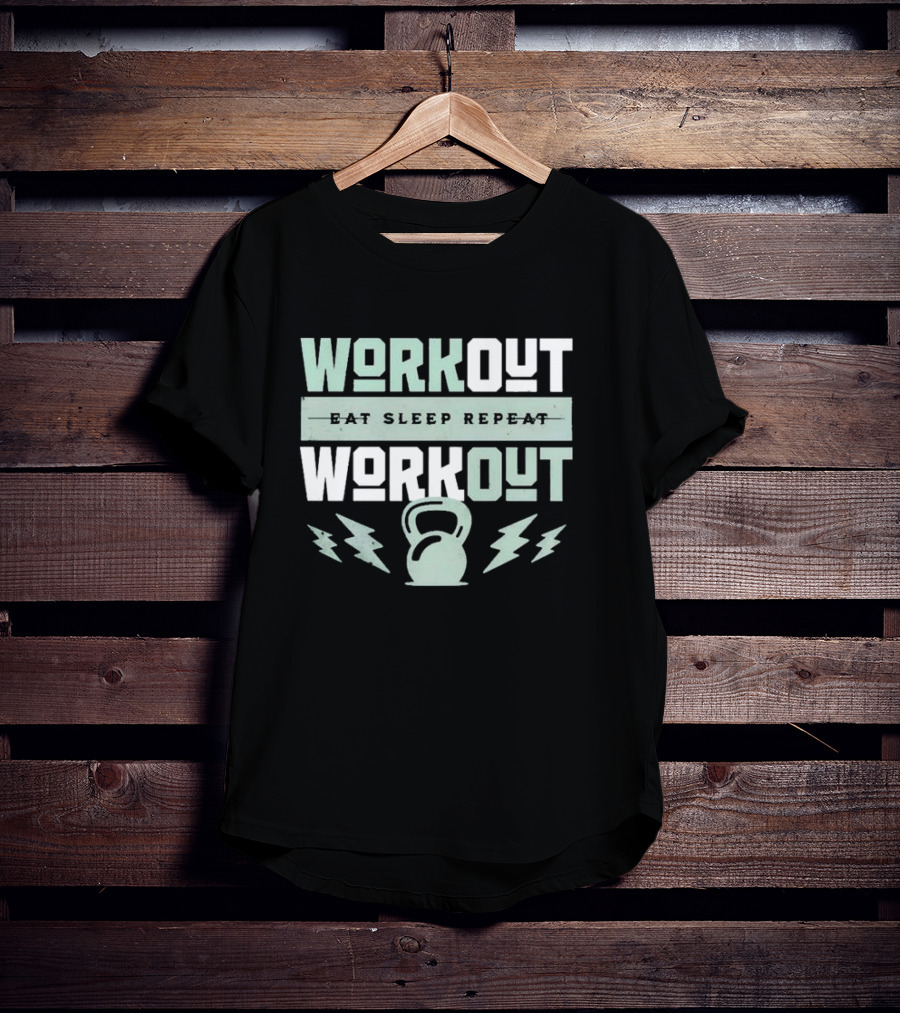 WORKOUT EAT SLEEP REPEAT WORKOUT KETTLEBELL LIGHTNING BOLTS T-Shirt