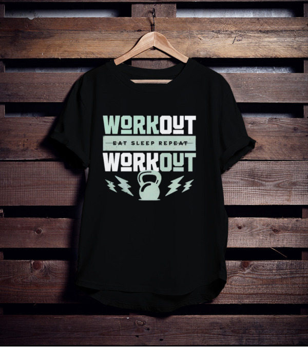 WORKOUT EAT SLEEP REPEAT WORKOUT KETTLEBELL LIGHTNING BOLTS T-Shirt