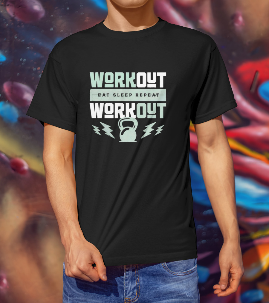 WORKOUT EAT SLEEP REPEAT WORKOUT KETTLEBELL LIGHTNING BOLTS T-Shirt