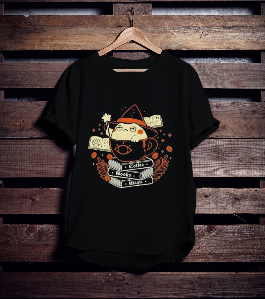 Coffee Books Magic Caffeinated Caster Wizard Tea Cup Enchantment T-Shirt