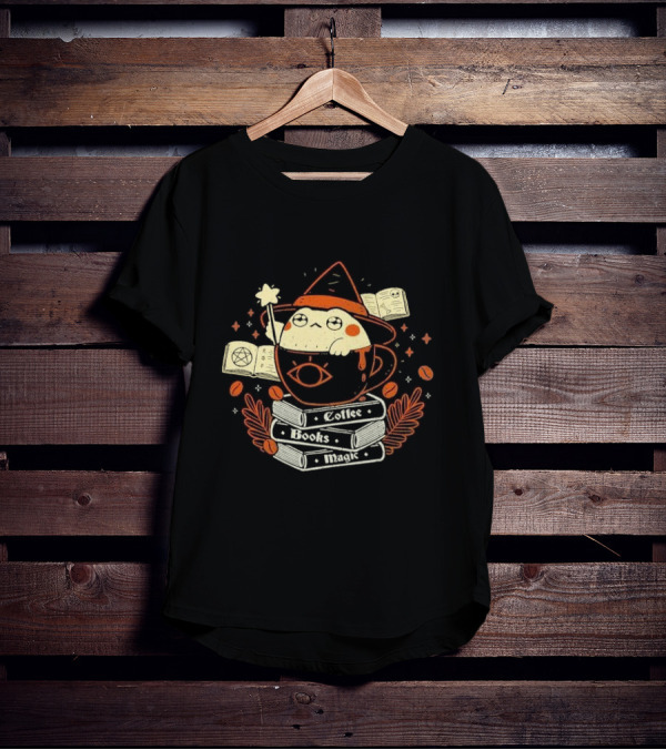 Coffee Books Magic Caffeinated Caster Wizard Tea Cup Enchantment T-Shirt