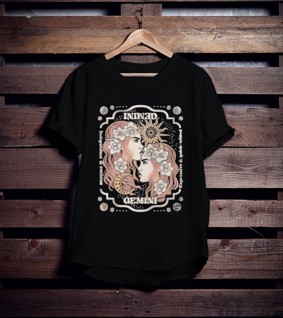 Gemini Independent Curious Expressive Quick Witted Zodiac Sun Moon Floral T-Shirt